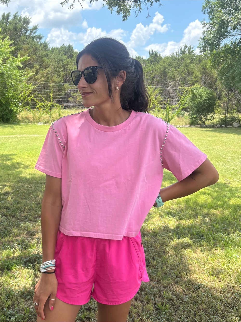 blue b Short sleeves, ruffles, studded detail,pink, cropped top